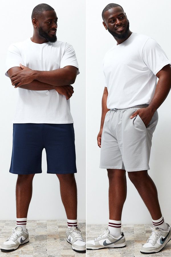 Trendyol Trendyol Plus Size Grey-Navy Blue 2 Pack Regular/Normal Cut 100% Cotton Shorts