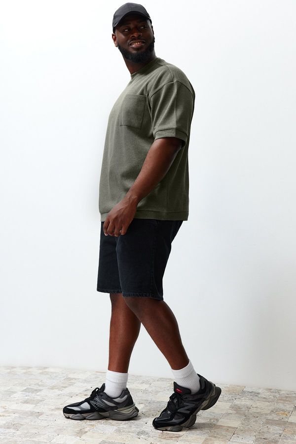 Trendyol Trendyol Plus Size Khaki Oversize Pocketed Textured Premium Comfortable T-Shirt