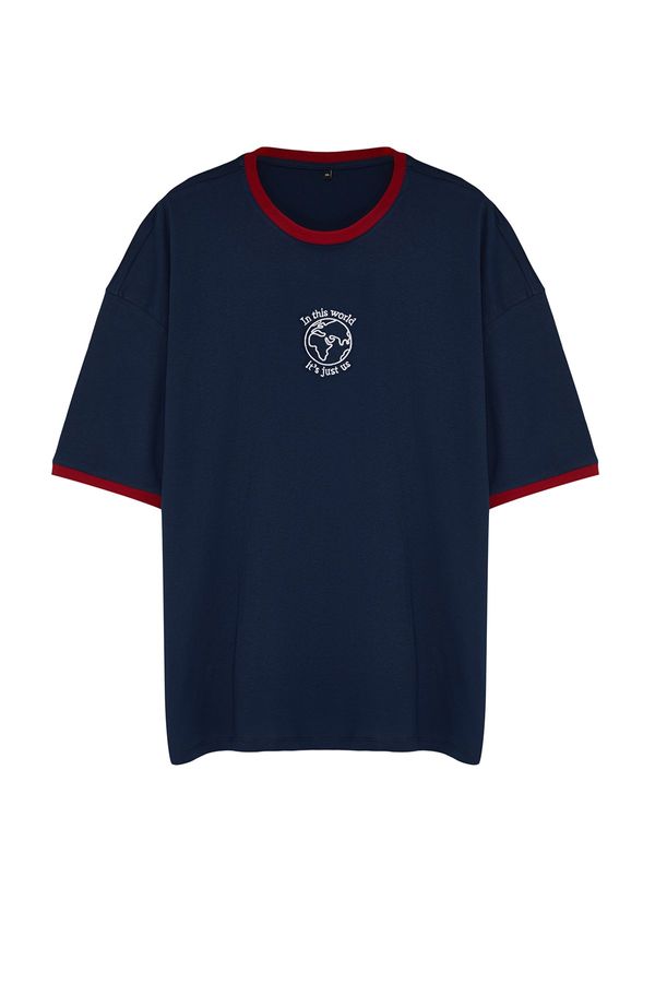 Trendyol Trendyol Plus Size Navy Blue Unisex Oversize Comfortable 100% Cotton Color Block Couple T-Shirt