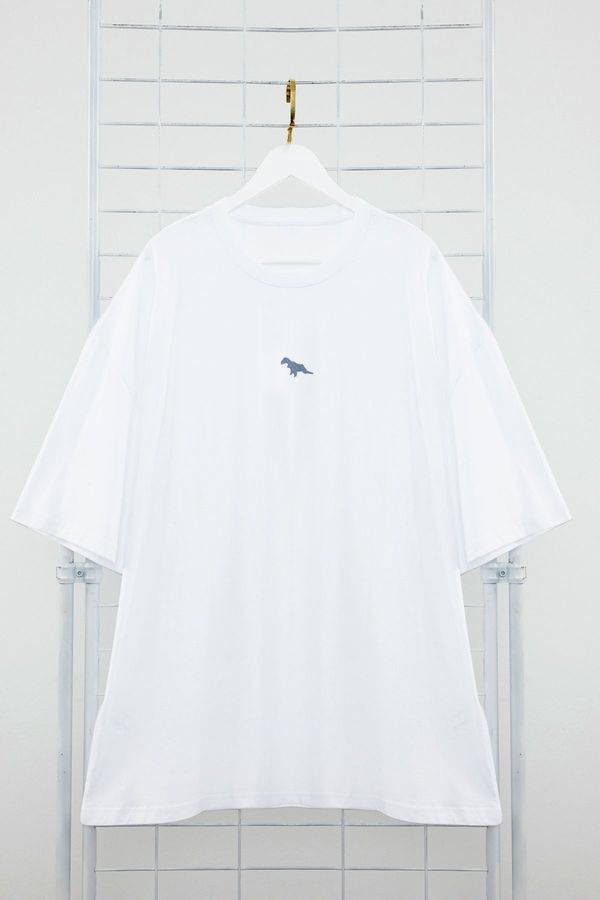 Trendyol Trendyol Plus Size White Oversize/Wide Cut 100% Cotton Dinosaur Embroidered T-Shirt