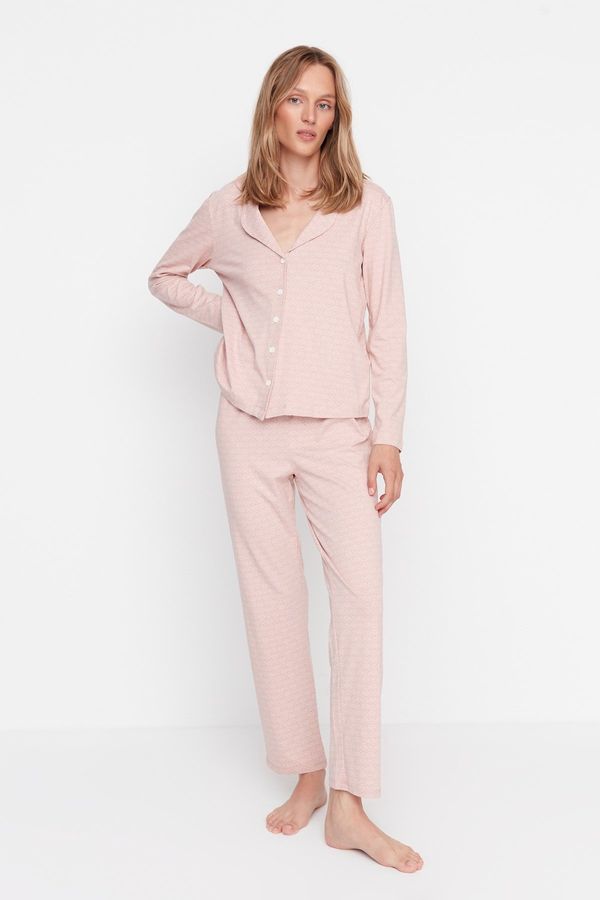 Trendyol Trendyol Powder 100% Cotton Printed Shirt-Pants Knitted Pajama Set