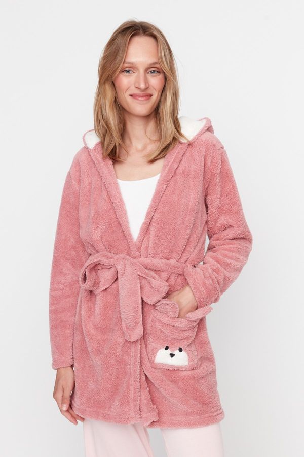 Trendyol Trendyol Powder Belted Animal Figured Hooded Wellsoft Knitted Dressing Gown