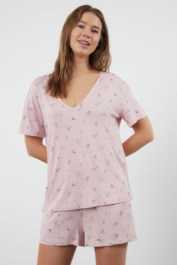 Trendyol Trendyol Powder-Multicolored Floral Viscose Knitted Pajama Set