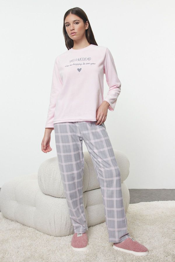 Trendyol Trendyol Powder Plaid Slogan and Heart Embroidered Polar Fleece Knitted Pajama Set