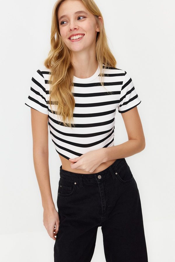 Trendyol Trendyol Premium Black Ecru Striped Viscose Crop Crew Neck Stretch Knitted Blouse