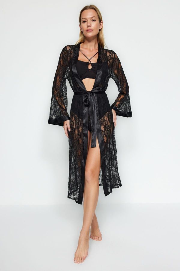 Trendyol Trendyol Premium Black Satin Band Detailed Lace Knitted Dressing Gown