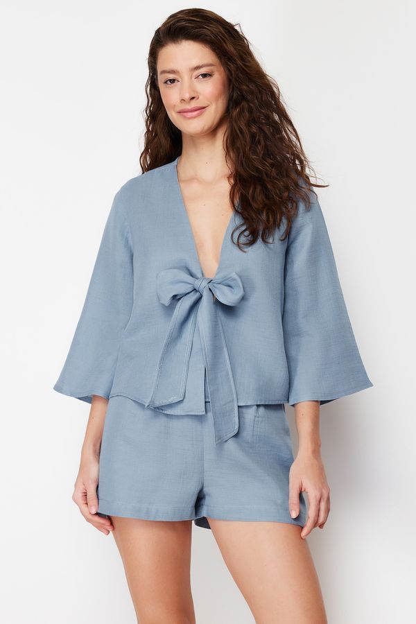 Trendyol Trendyol Premium Blue 100% Cotton Muslin Woven Pajama Set with Tie/Ribbon/Bow Detail