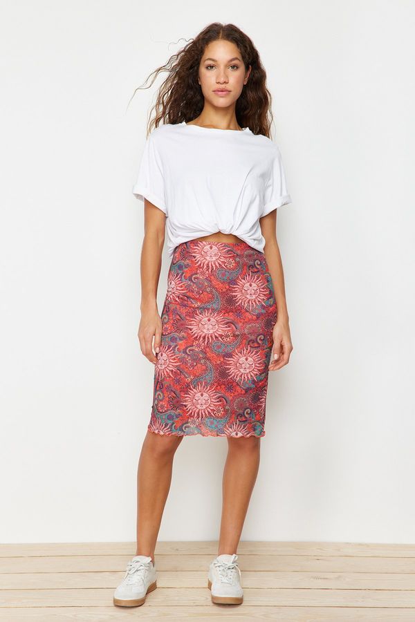 Trendyol Trendyol Premium Orange Printed Tulle High Waist Lined Midi Knitted Skirt