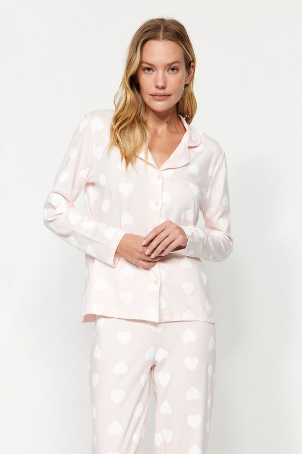 Trendyol Trendyol Premium Powder 100% Cotton Heart Puff Patterned Shirt-Pants Knitted Pajama Set