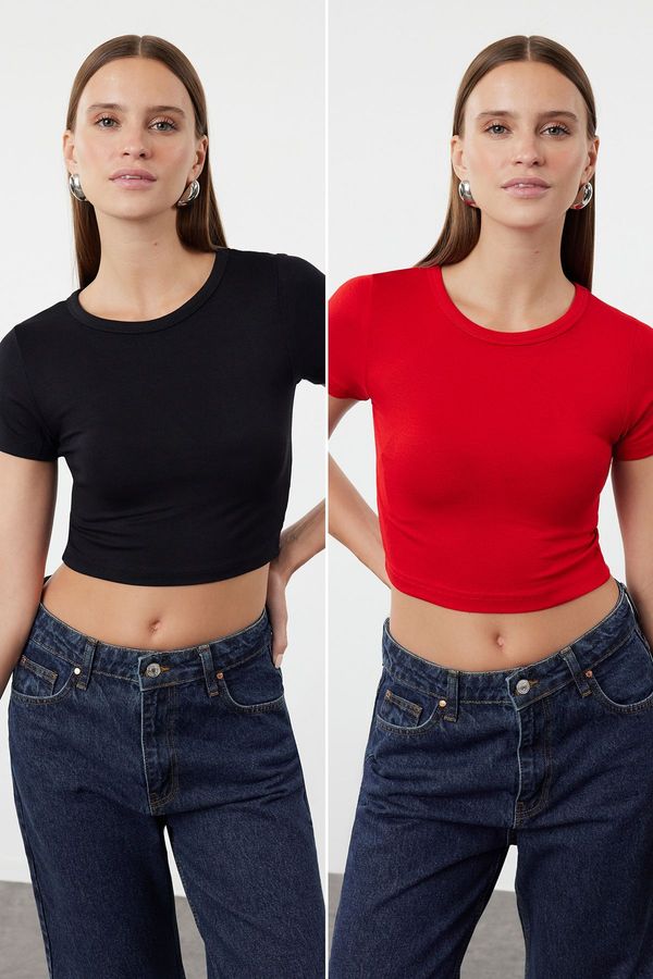Trendyol Trendyol Premium Red-Black 2 Pack Crop Viscose/Soft Fabric Stretchy Knitted Blouse