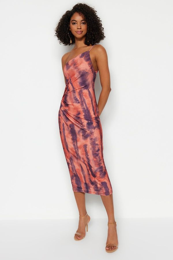 Trendyol Trendyol Printed Fitted Midi One Shoulder Stretchy Knitted Pencil Dress