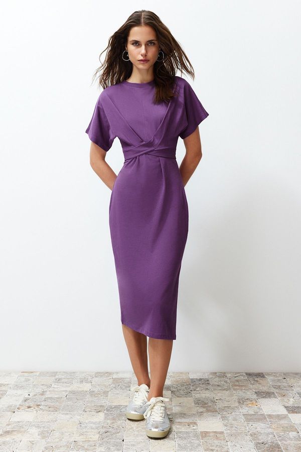 Trendyol Trendyol Purple 100% Cotton Waist Slit and Tie Detailed Midi Knitted Pencil Dress