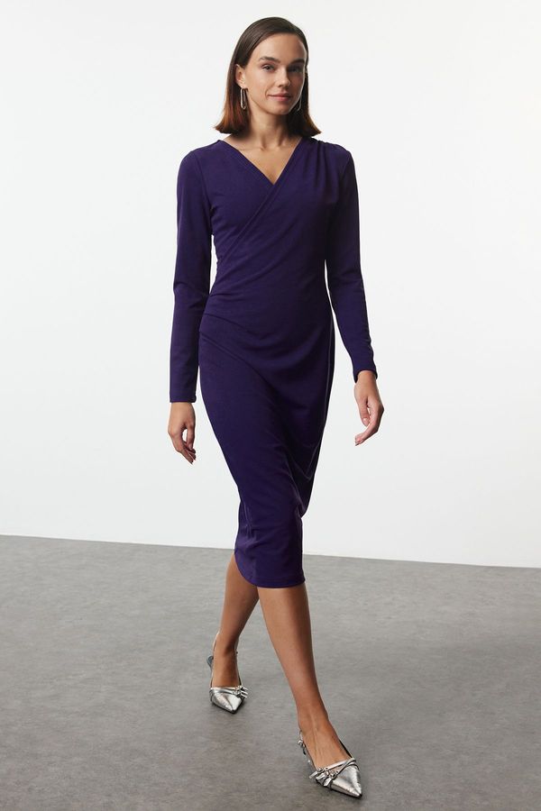 Trendyol Trendyol Purple Double Breasted Collar Long Sleeve Gather Detailed Fitted Midi Knitted Dress