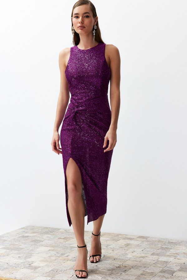 Trendyol Trendyol Purple Fitted Knitted Shiny Sequin Sequined Elegant Evening Dress