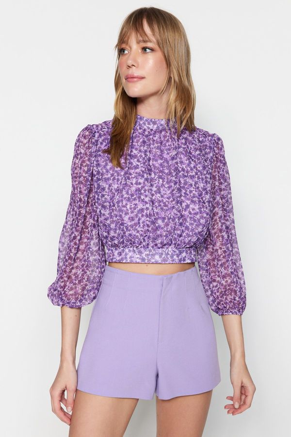 Trendyol Trendyol Purple Floral Crop High Collar Woven Blouse