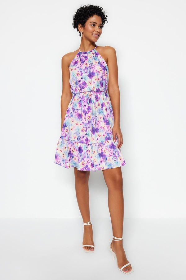 Trendyol Trendyol Purple Floral Halter Neck A-line Tie Detailed Mini Woven Dress