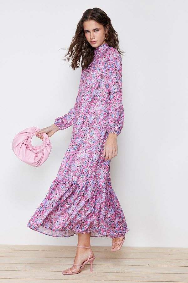 Trendyol Trendyol Purple Flower Patterned Ruffle Detailed Woven Dress