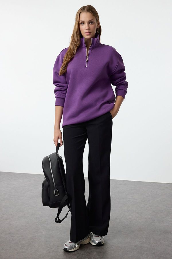 Trendyol Trendyol Purple Oversize/Wide Pattern Zippered Collar Thick Polar Fleece Knitted Sweatshirt