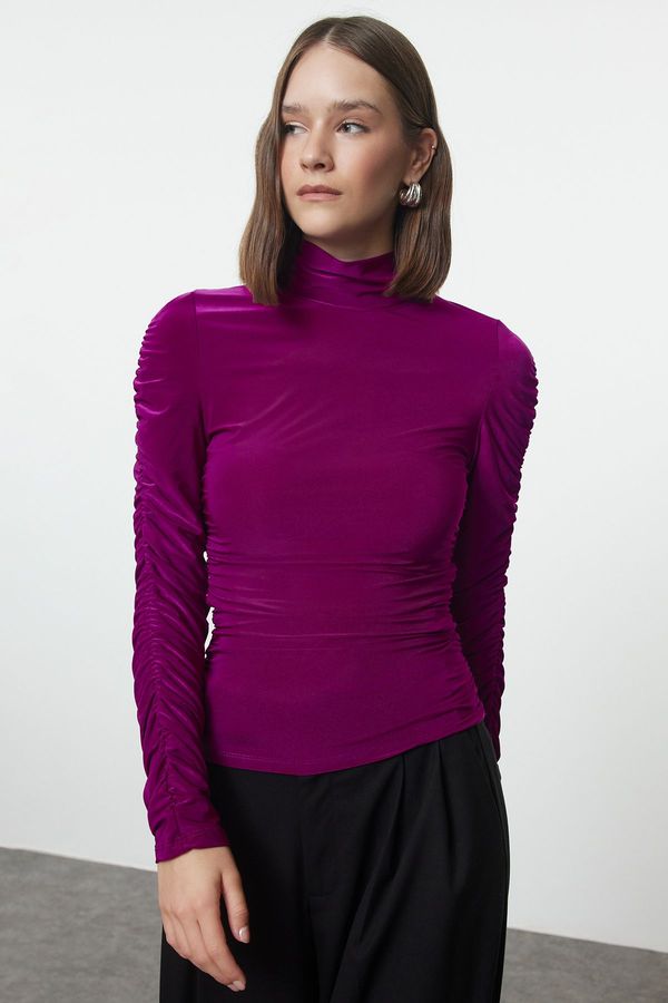 Trendyol Trendyol Purple Ruffle/Drape Detailed Turtleneck Fitted/Closed Knitted Blouse