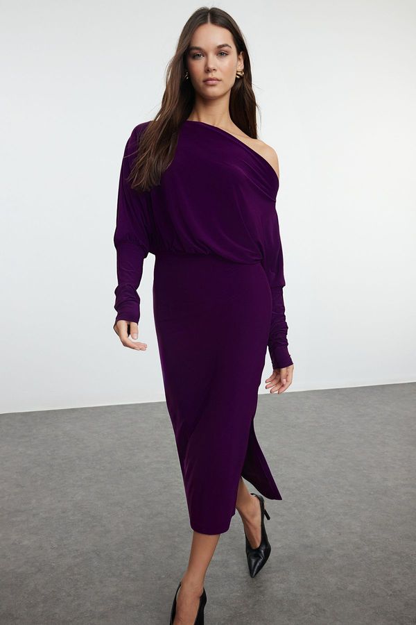 Trendyol Trendyol Purple Straight Asymmetrical One Sleeve Fitted Flexible Midi Knitted Dress