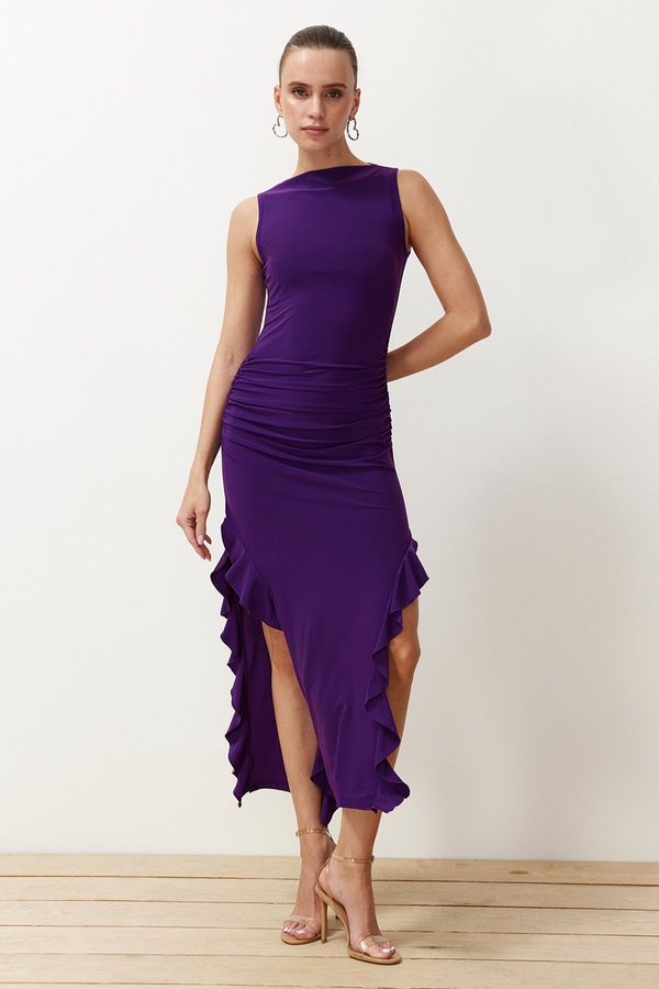 Trendyol Trendyol Purple Zero Sleeve Slit Ruffle Detailed Stretchy Thick Sandy Maxi Pencil Dress