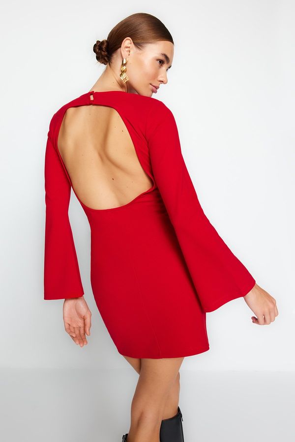Trendyol Trendyol rdeča pletena mini obleka z odprtimi španskimi rokavi