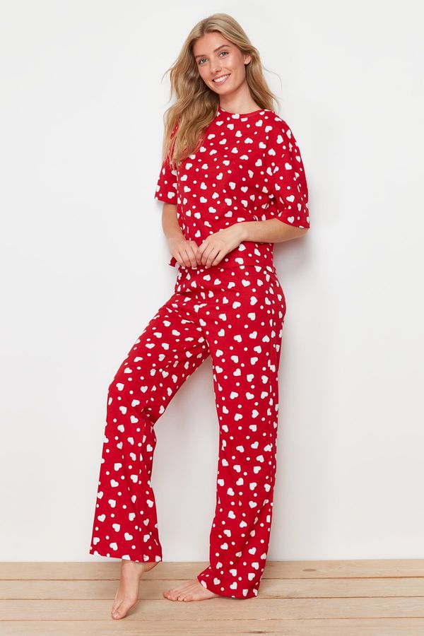 Trendyol Trendyol Red 100% Cotton Heart Patterned Knitted Pajama Set