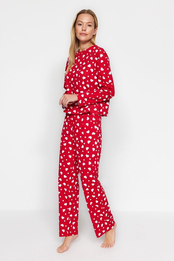 Trendyol Trendyol Red 100% Cotton Heart Tshirt-Pants Knitted Pajama Set