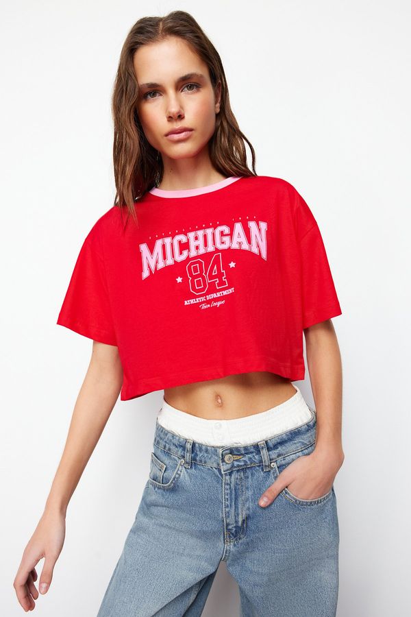 Trendyol Trendyol Red 100% Cotton Motto Printed Casual Fit Crop Crew Neck Knitted T-Shirt