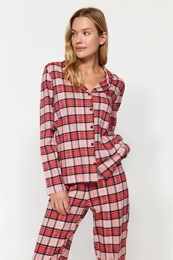 Trendyol Trendyol Red 100% Cotton Plaid Shirt-Pants Knitted Pajamas Set