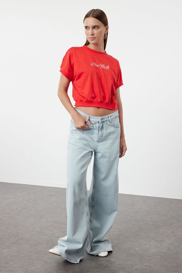 Trendyol Trendyol Red 100% Cotton Premium Slogan Printed Crop Knitted T-Shirt