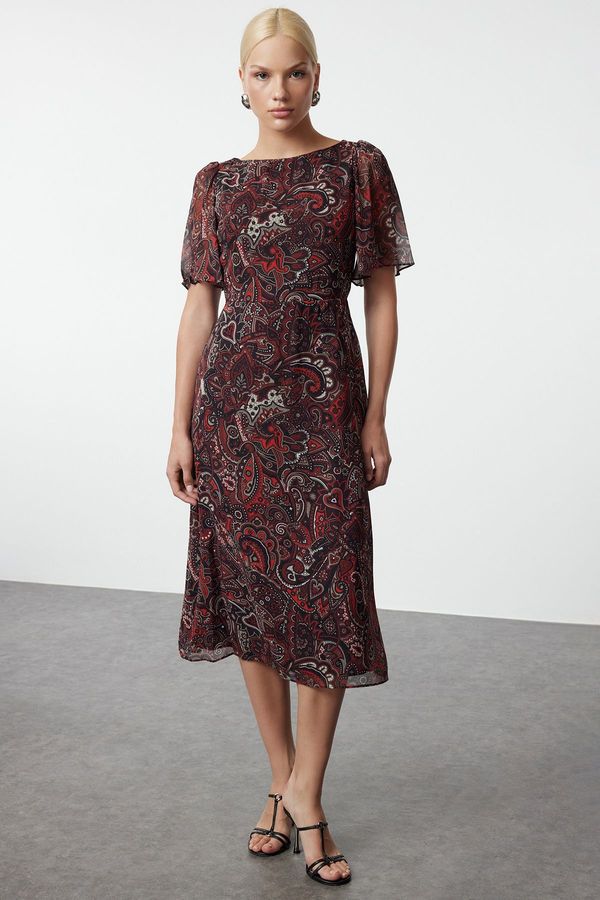 Trendyol Trendyol Red Animal Patterned A-Line Angel Sleeve Lined Chiffon Midi Woven Dress