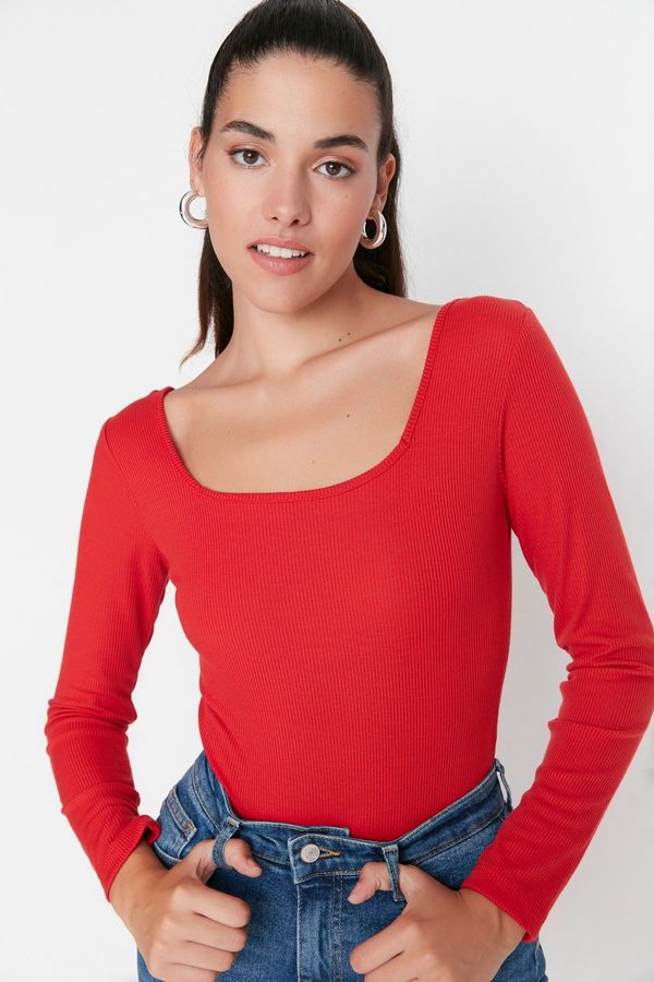 Trendyol Trendyol Red are Collar Long Sleeve Ribbed Flexible Snap Fastener Knitted Body