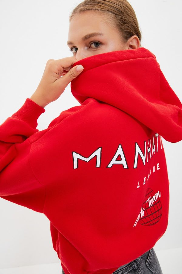 Trendyol Trendyol Red Back Print Detail Hooded Thick Fleece Knitted Sweatshirt