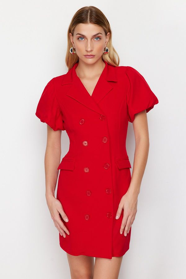 Trendyol Trendyol Red Balloon Sleeve Detailed Jacket Form Mini Woven Dress
