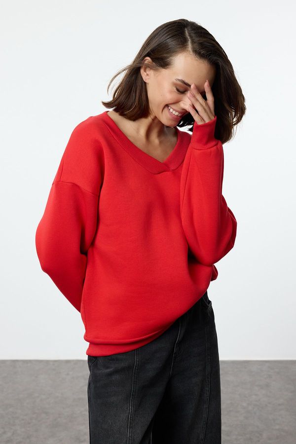 Trendyol Trendyol Red Basic Oversize / Wide Fit Thick Fleece Inside Knitted Sweatshirt