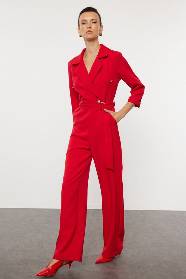 Trendyol Trendyol Red Belted Double Breasted Long Woven Jumpsuit