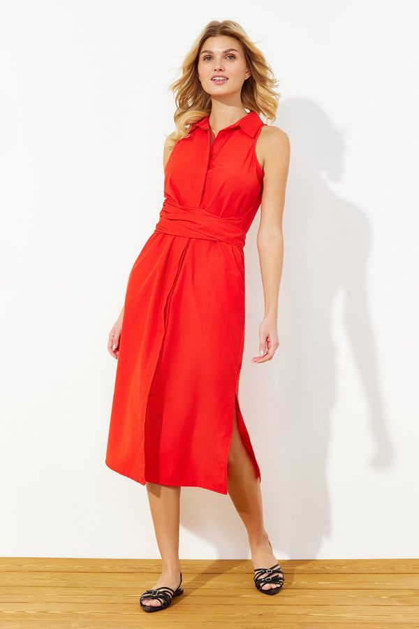 Trendyol Trendyol Red Belted Midi Woven Shirt Dress