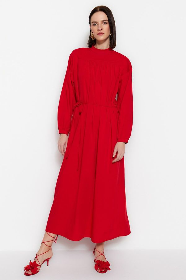 Trendyol Trendyol Red Belted Shirring Detajl široko prilegajoča se tkana obleka