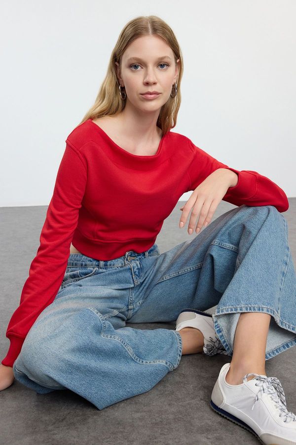 Trendyol Trendyol Red Boat Neck Crop Regular/Normal Fit Knitted Sweatshirt