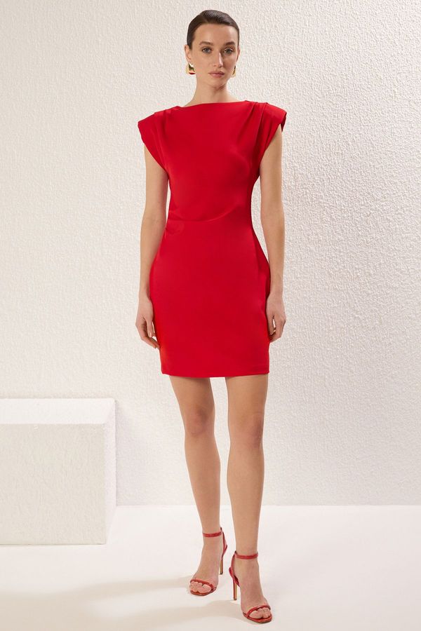 Trendyol Trendyol Red Body-hugging Mini Woven Dress with Pleated Shoulders