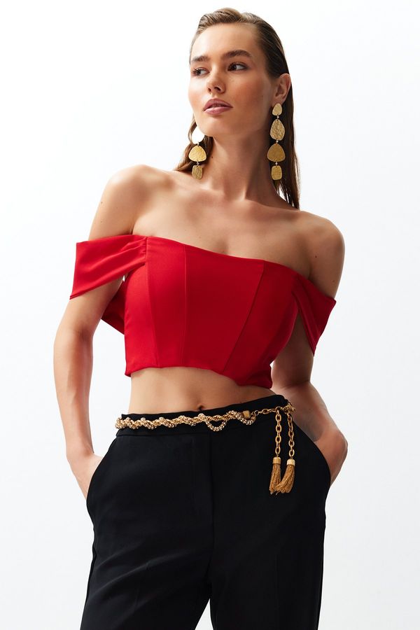 Trendyol Trendyol Red Carmen Collar Crop Woven Bustier