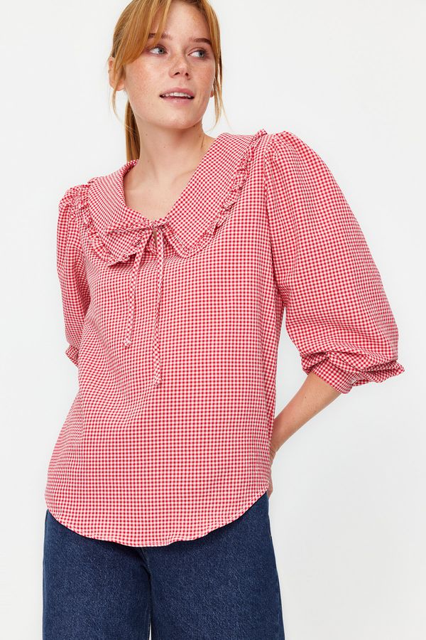 Trendyol Trendyol Red Collar Detailed Woven Checkered Woven Blouse