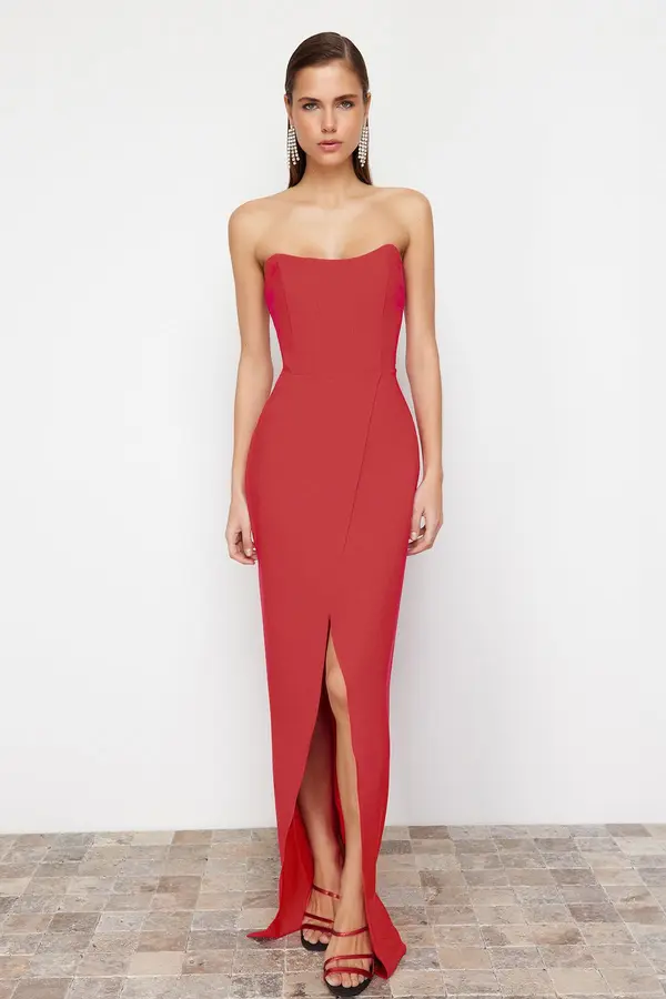 Trendyol Trendyol Red Corset Detailed Woven Long Evening Dress