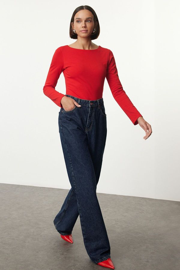 Trendyol Trendyol Red Cotton Boat Neck Fitted Stretchy Blouse