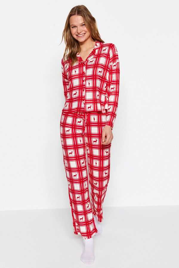 Trendyol Trendyol Red Deer Printed Plaid Shirt-Pants Knitted Pajamas Set