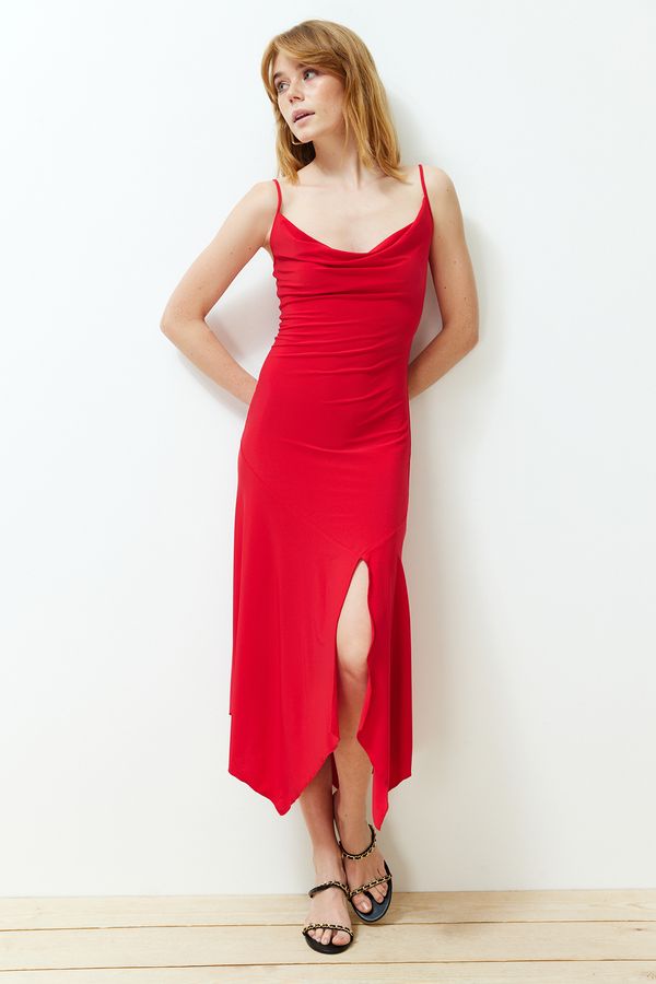 Trendyol Trendyol Red Degaje Collar Strap Body-Fitting Slit Flexible Knitted Midi Dress