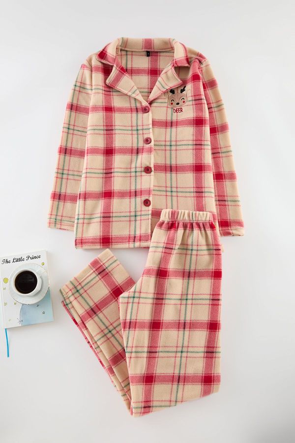 Trendyol Trendyol Red Embroidered Plaid Polar Fleece Knitted Pajama Set