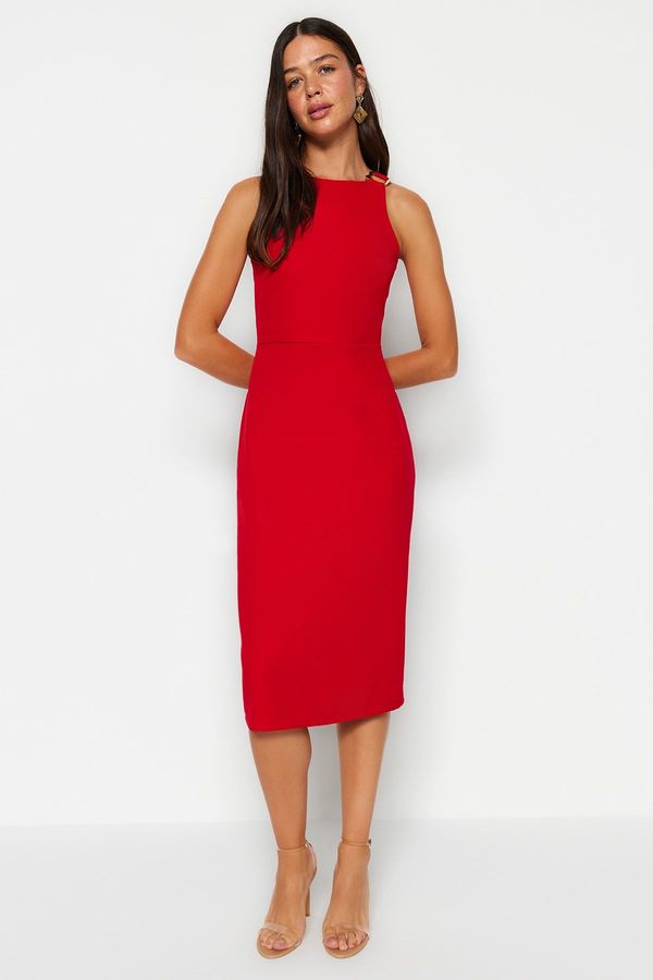 Trendyol Trendyol Red Fitted Midi Pencil Skirt Woven Dress with Accessory Detail on the Collar