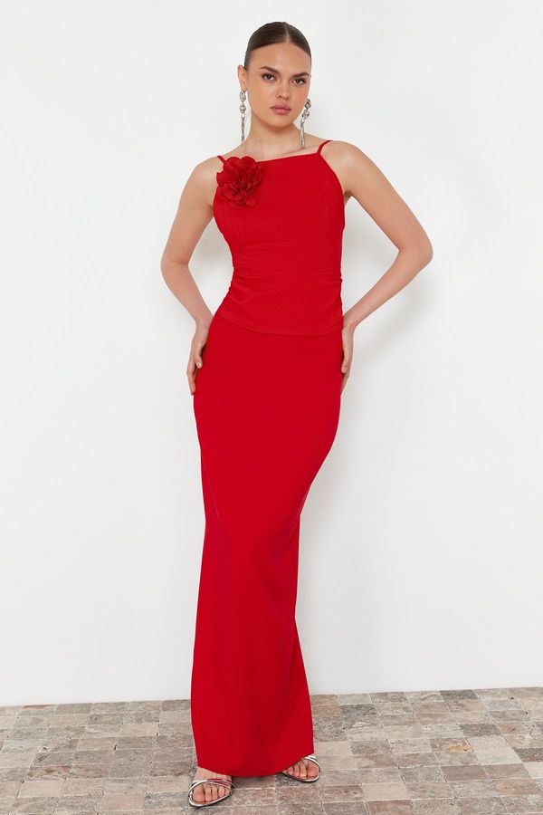 Trendyol Trendyol Red Fitted Rose Detailed Woven Long Evening Dress